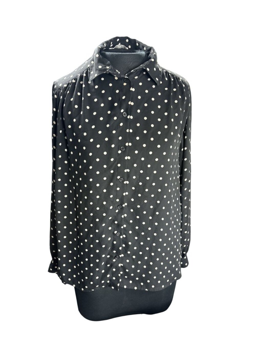 Polka Dot Button-Up Blouse Black & White Long Sleeve Collared Shirt Womens Small